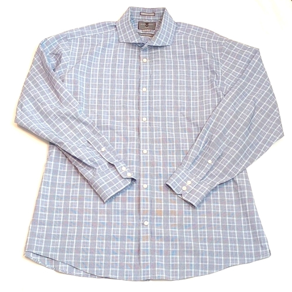 Black Brown 1826 Mens Button Up Sz 18-36 Blue Plaid LS Slim Fit Egyptian Cotton